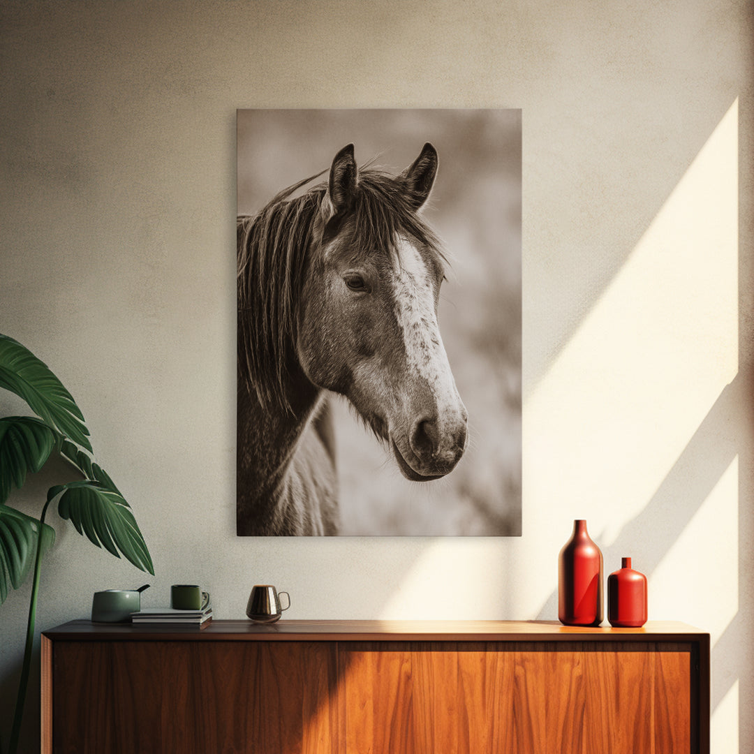 Black and White Wild Horse Portrait Framed Canvas Print, Black and White Art, Canvas Print, Living Room Decor, Monochrome, BAW-2x3-85