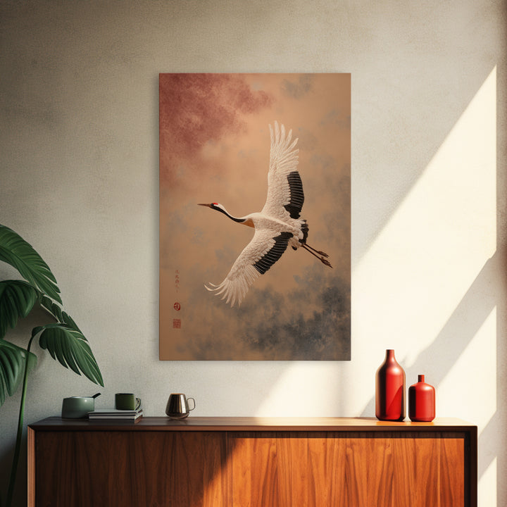 Black Ink Crane Flying Across Empty Sky Framed Canvas Print, Black and White Art, Printable Art, Living Room Decor, Monochrome, BAW-2x3-93