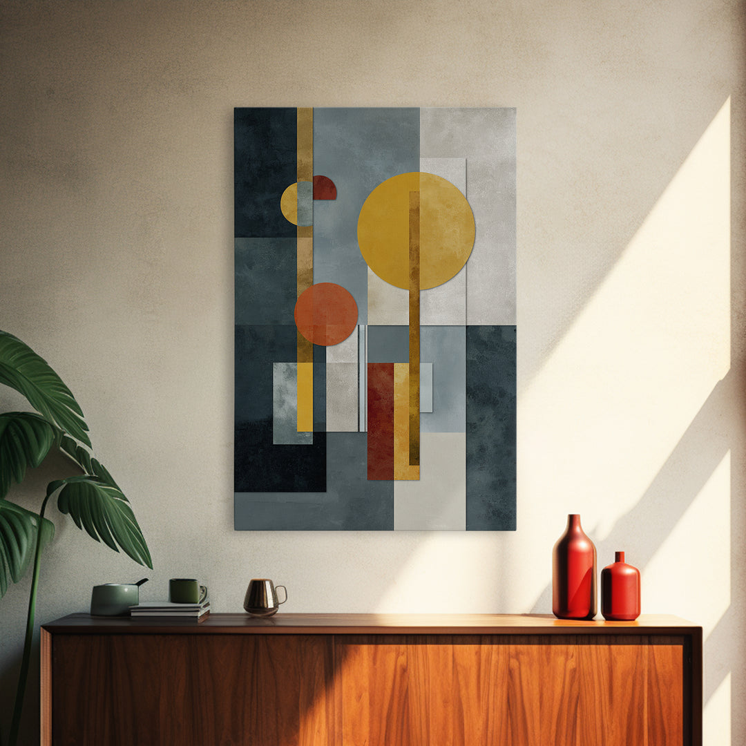 Geometric Bauhaus Grayscale Shapes Framed Canvas Print, Black and White Art, Digital Art, Living Room Decor, Abstract Art, BAW-2x3-98