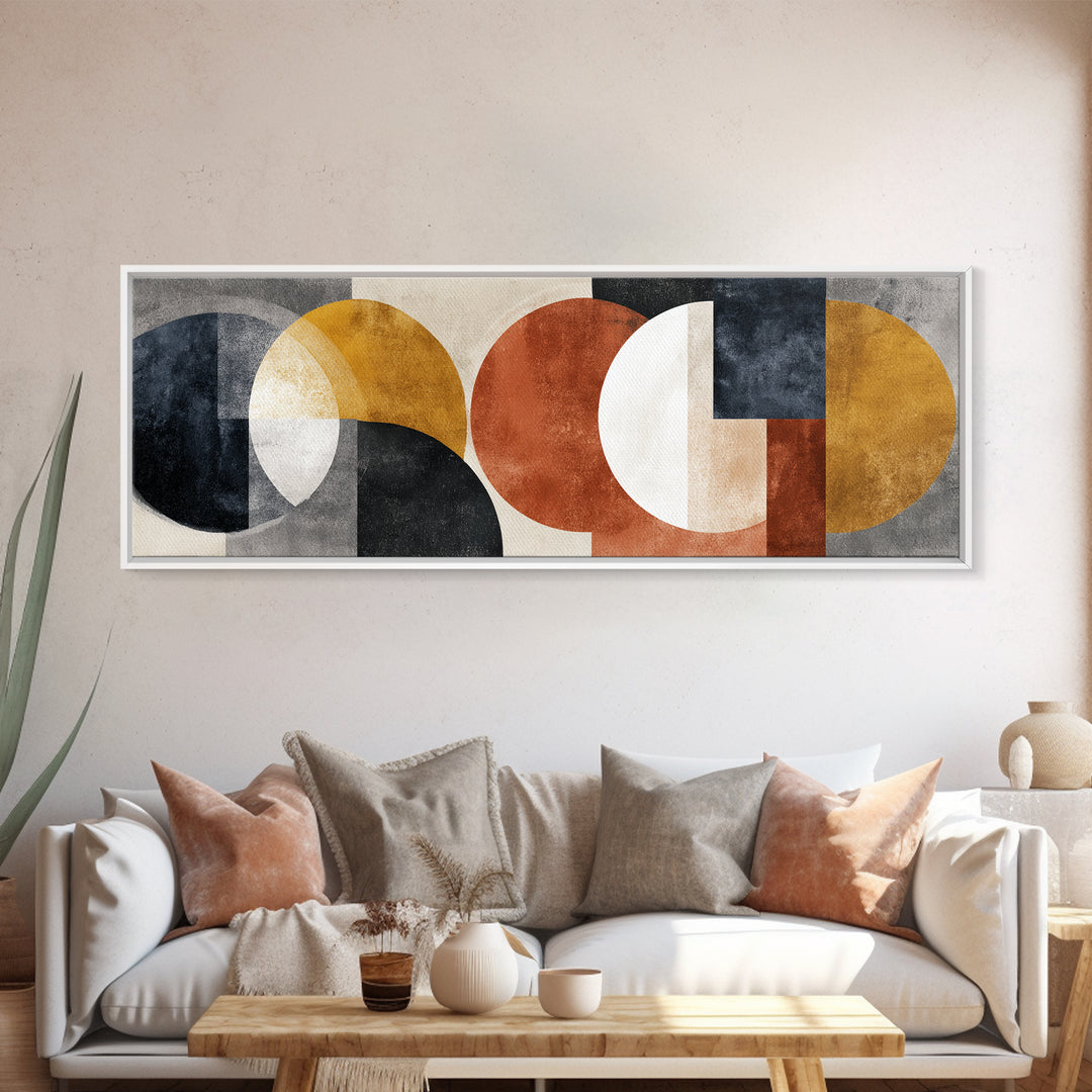 Geometric Bauhaus Grayscale Shapes Framed Canvas Print, Black and White Art, Print, Living Room Decor, Abstract Art, Monochrome, BAW-3x1-10