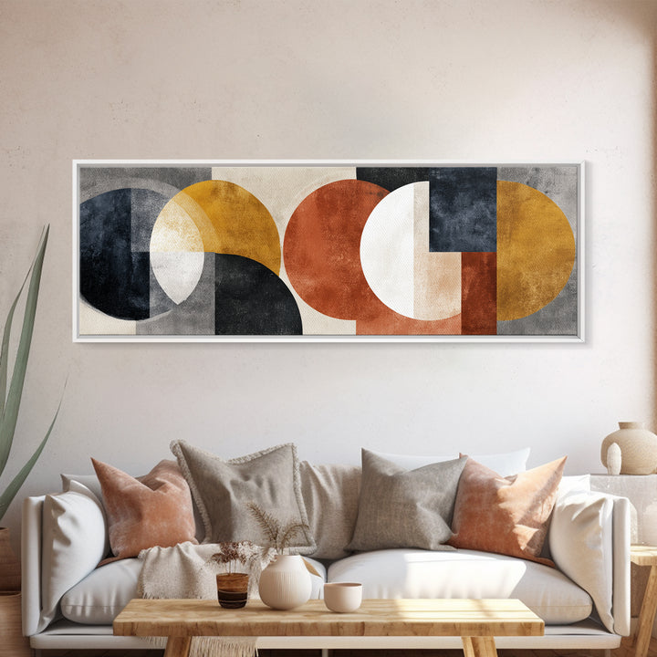 Geometric Bauhaus Grayscale Shapes Framed Canvas Print, Black and White Art, Print, Living Room Decor, Abstract Art, Monochrome, BAW-3x1-10