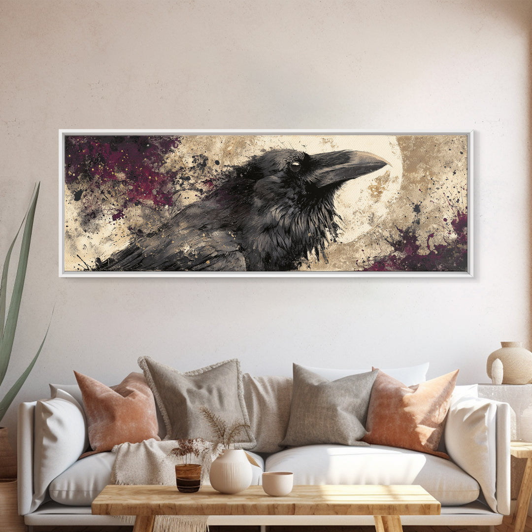 Ink Splatter Raven Composition Framed Canvas Print, Black and White Art, Photography Prints, Living Room Decor, Monochrome, BAW-3x1-12