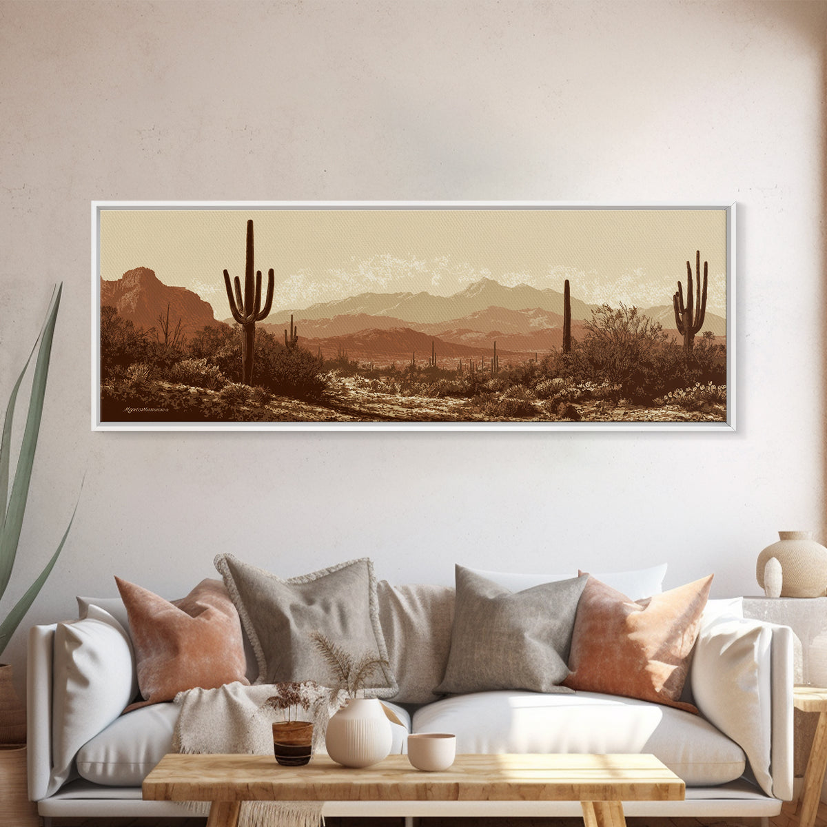 Monochrome Desert Cactus Silhouette Canvas Print, Black and White Art, Apartment Decor, Living Room Decor, Oil Painting, BAW-3x1-13