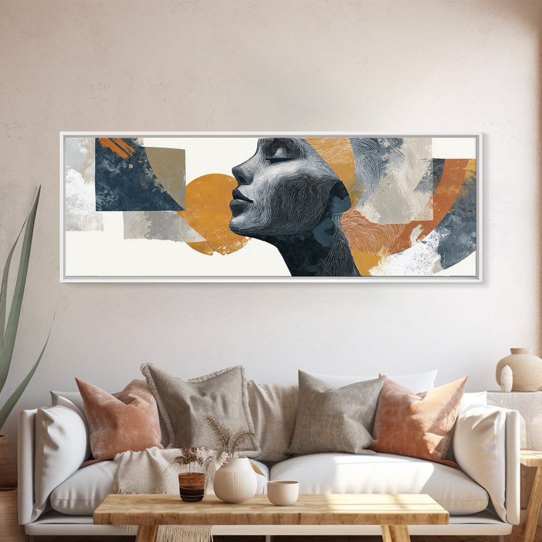 Monochrome Female Profile Framed Canvas Print, Black and White Art, Retro Wall Art, Living Room Decor, Abstract Art, Monochrome, BAW-3x1-17