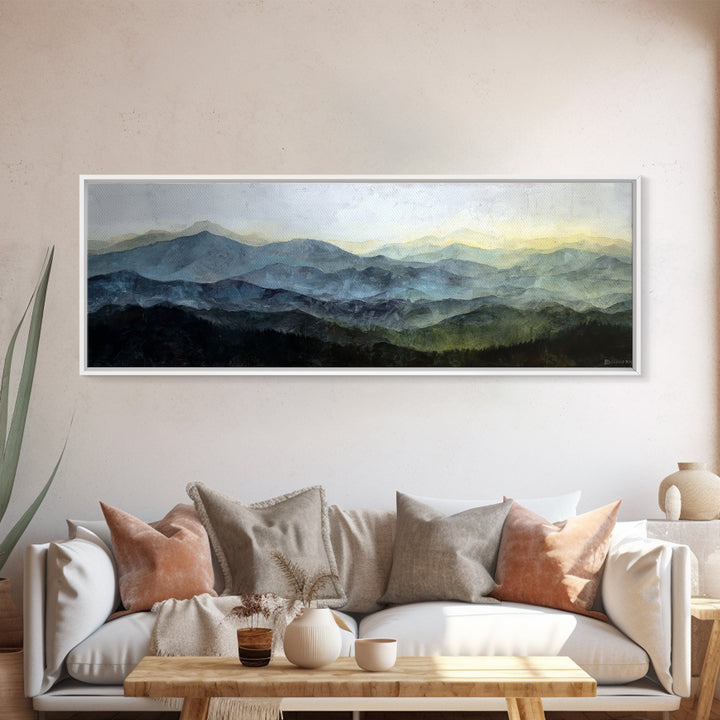 Black Ink Mountain Range Framed Canvas Print, Black and White Art, Large Wall Art, Living Room Decor, Fine Art, Monochrome, BAW-3x1-18