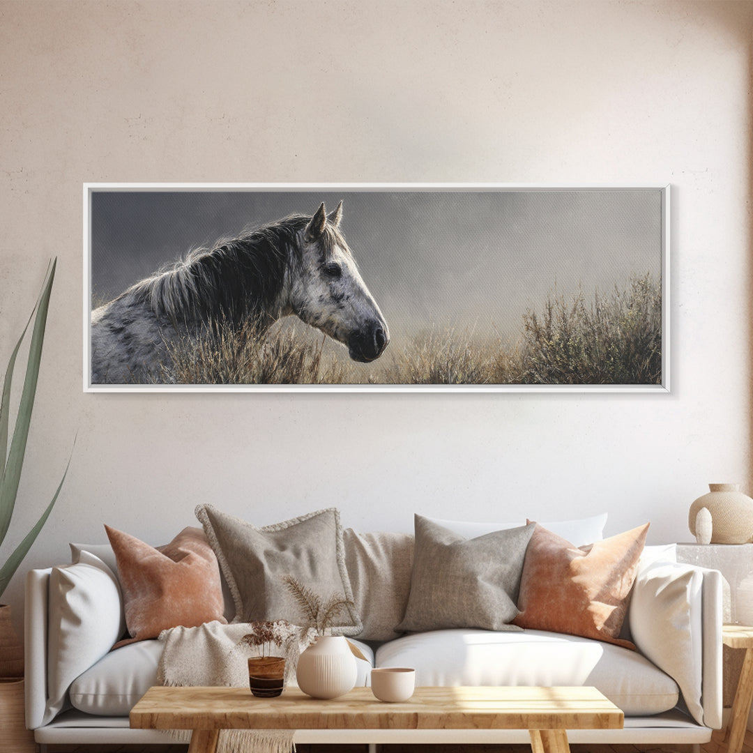 Black and White Wild Horse Portrait Canvas Print, Black and White Art, Photography Prints, Living Room Decor, Monochrome, BAW-3x1-21