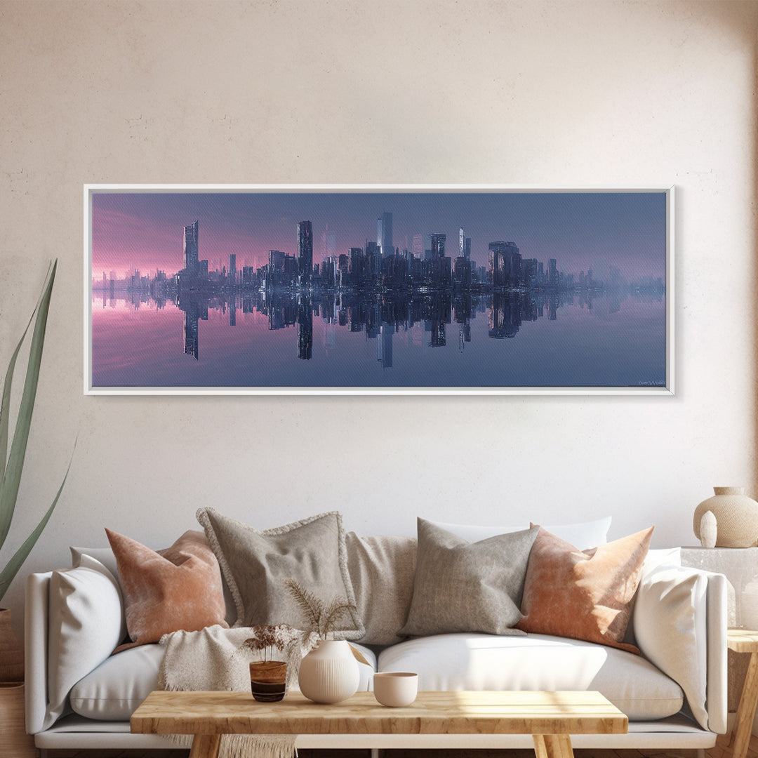 Monochrome City Skyline Reflected Canvas Print, Black and White Art, Textured Painting, Living Room Decor, Monochrome, BAW-3x1-27