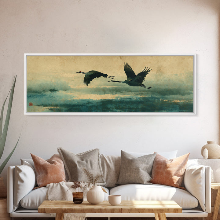 Black Ink Crane Flying Across Empty Sky Canvas Print, Black and White Art, Modern Wall Art, Living Room Decor, Oil Painting, BAW-3x1-29