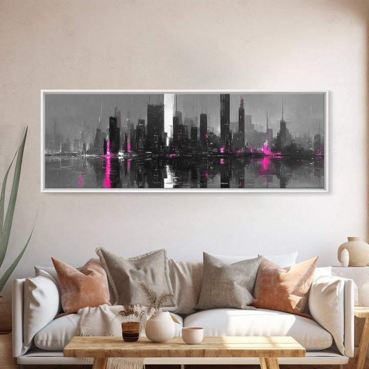 Monochrome City Skyline Reflected Canvas Print, Black and White Art, Fine Art Print, Living Room Decor, Abstract Art, BAW-3x1-3