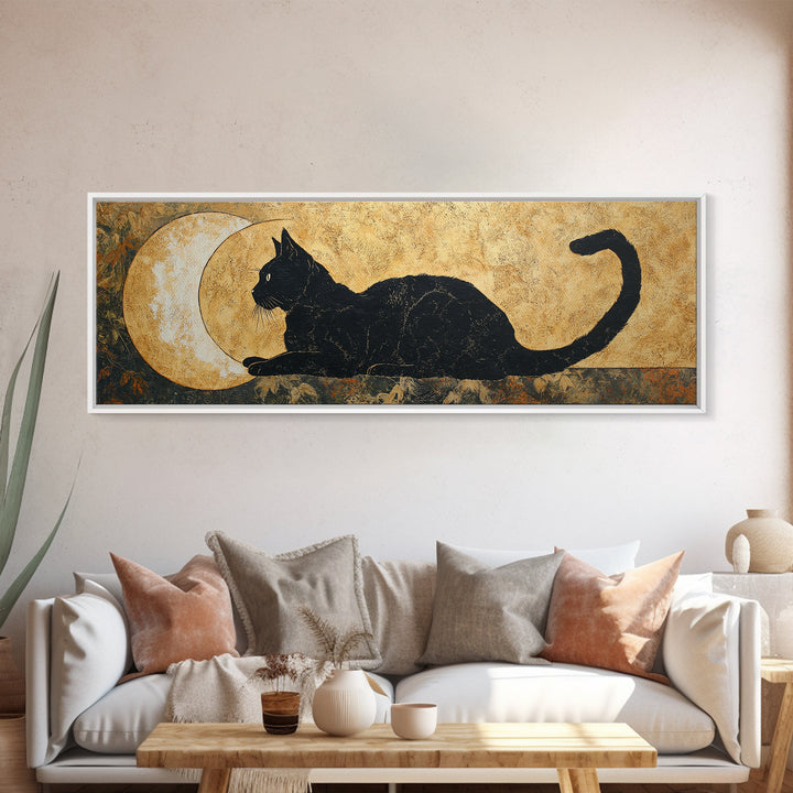 Black Cat Silhouette Framed Canvas Print, Black and White Art, Photo Prints, Living Room Decor, Watercolor Art, Monochrome, BAW-3x1-32