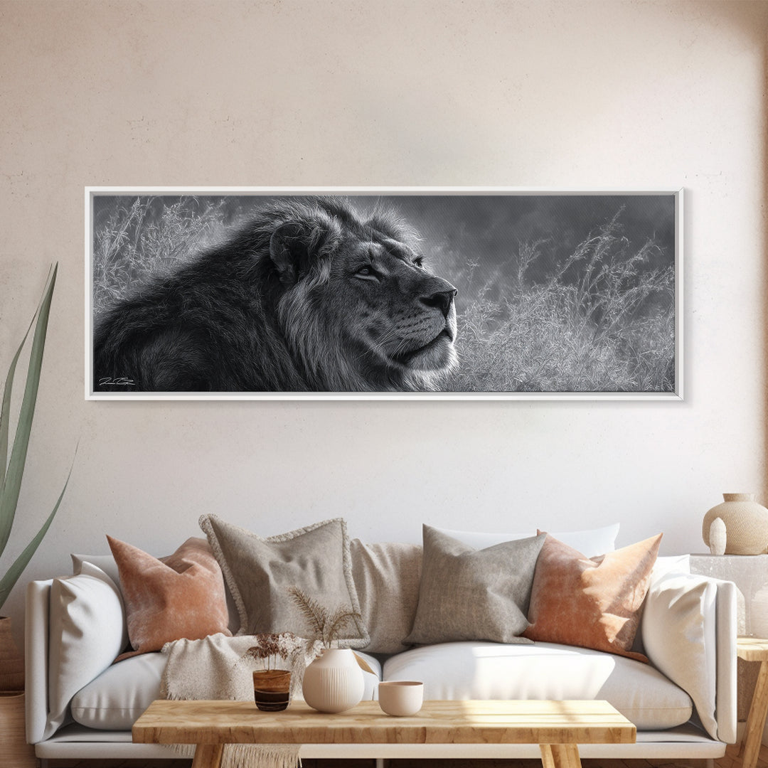 Dramatic Black and White Lion Portrait Canvas Print, Black and White Art, Canvas Print, Living Room Decor, Fine Art, Monochrome, BAW-3x1-33