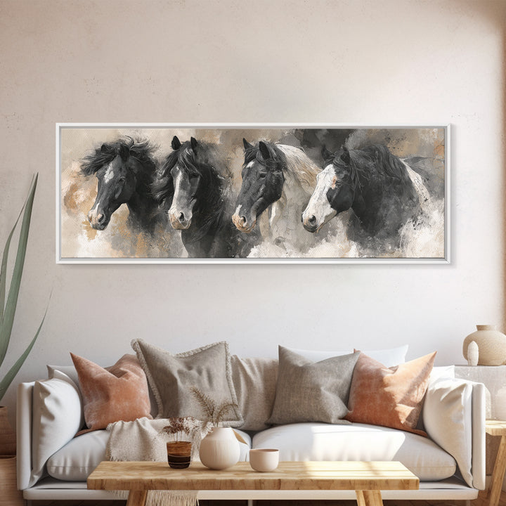 Black and White Wild Horse Portrait Canvas Print, Black and White Art, Photography Prints, Living Room Decor, Monochrome, BAW-3x1-45