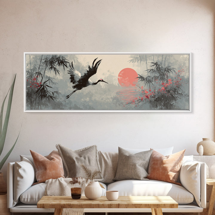 Black Ink Crane Flying Across Empty Sky Canvas Print, Black and White Art, Abstract Art, Living Room Decor, Monochrome, BAW-3x1-5