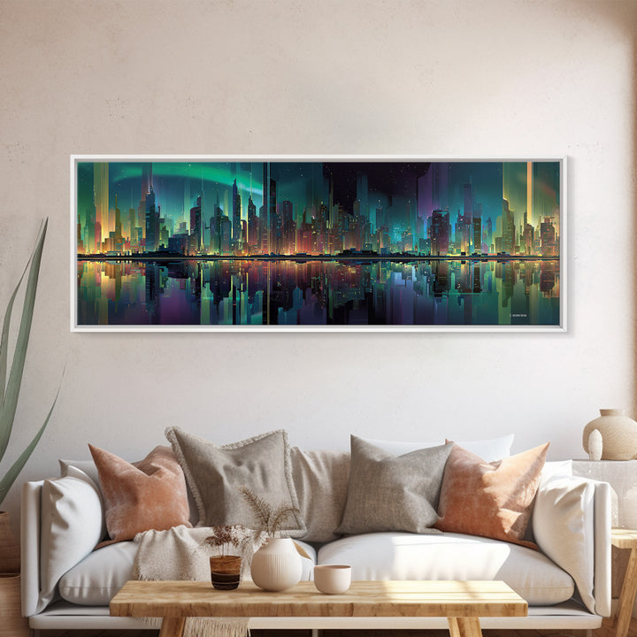Monochrome City Skyline Reflected Framed Canvas Print, Black and White Art, Art Print, Living Room Decor, Fine Art, Monochrome, BAW-3x1-51