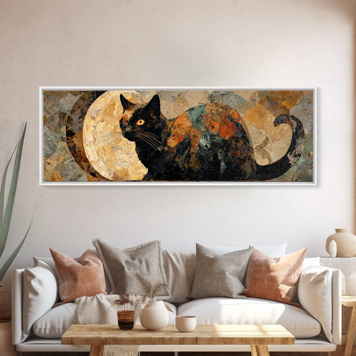 Black Cat Silhouette Framed Canvas Print, Black and White Art, Minimalist Decor, Living Room Decor, Fine Art, Monochrome, BAW-3x1-56