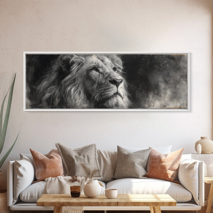 Dramatic Black and White Lion Portrait Framed Canvas Print, Black and White Art, Cabin Decor, Living Room Decor, Monochrome, BAW-3x1-57