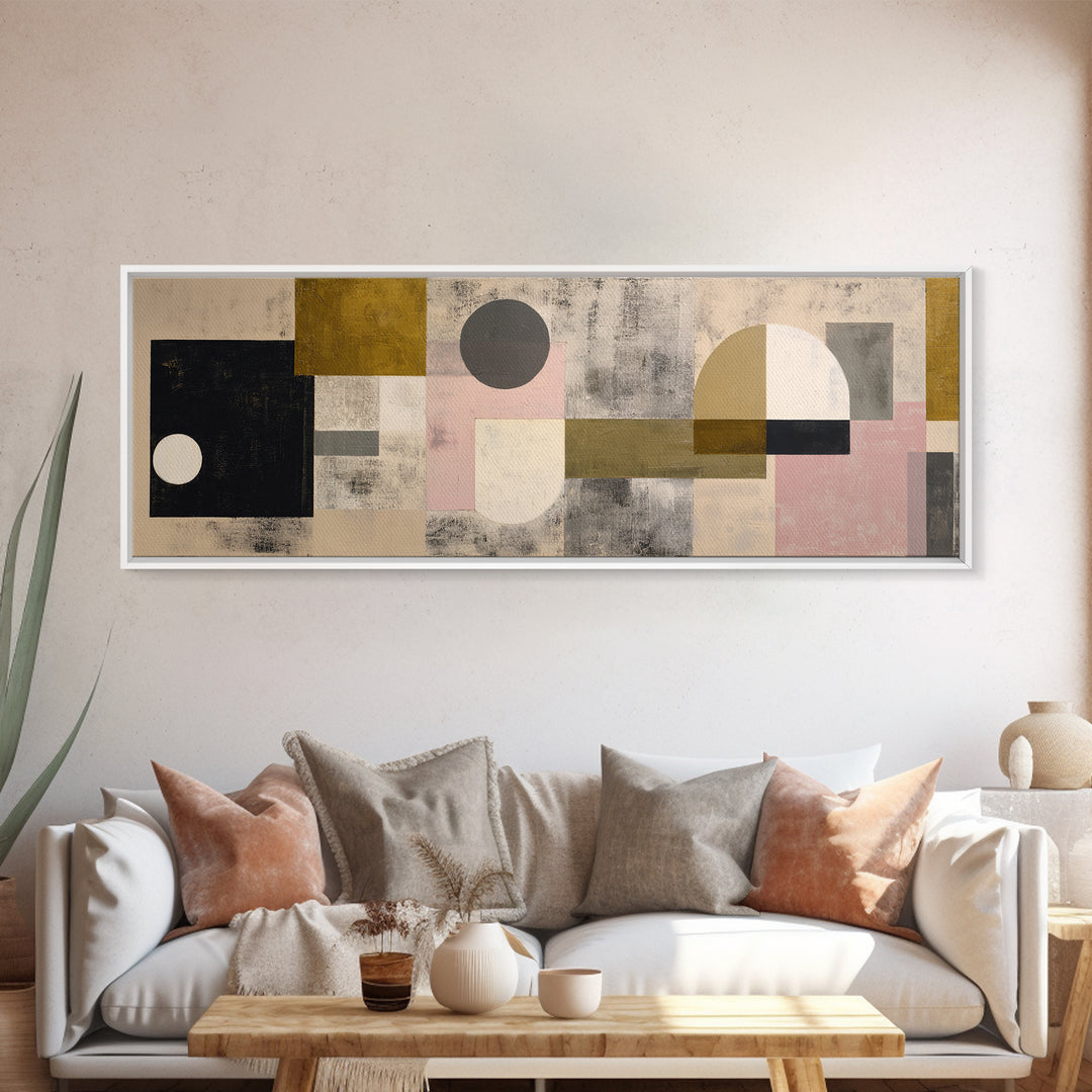 Geometric Bauhaus Grayscale Shapes Framed Canvas Print, Black and White Art, Apartment Decor, Living Room Decor, Monochrome, BAW-3x1-58
