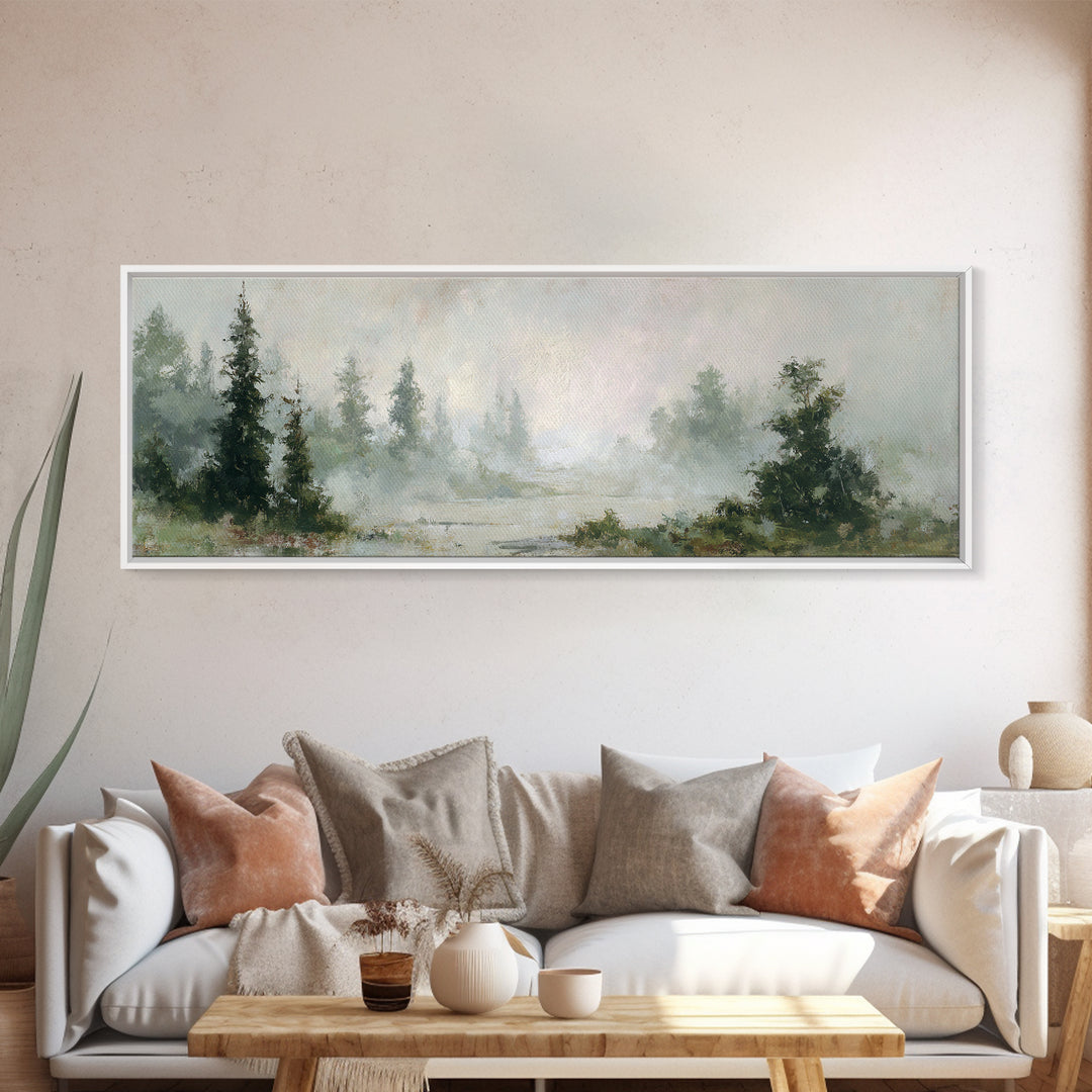 Misty Bridge Landscape Framed Canvas Print, Black and White Art, Digital Prints, Living Room Decor, Fine Art, Monochrome, BAW-3x1-59
