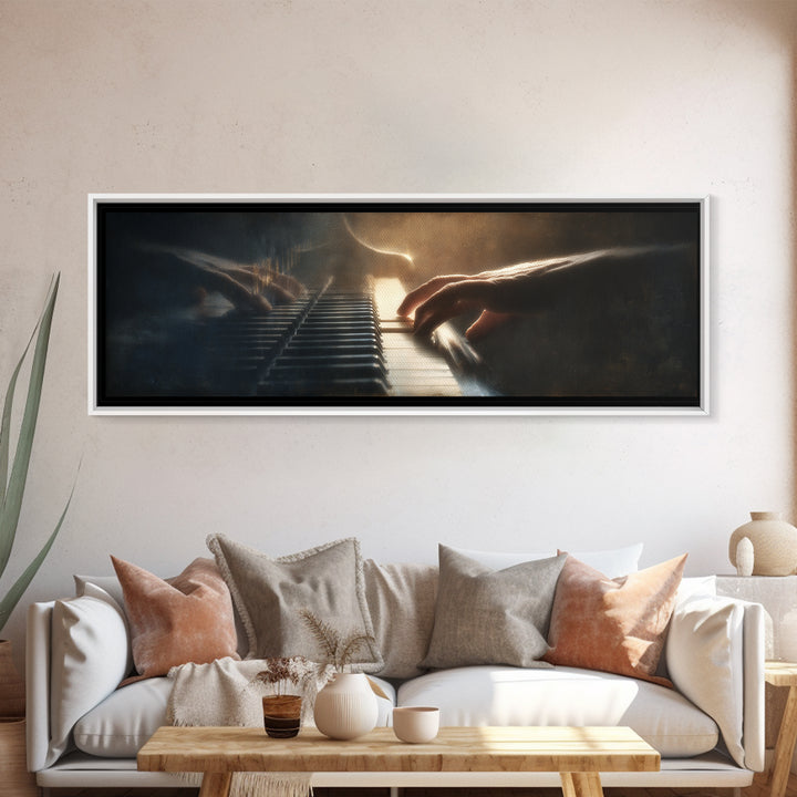 Piano Keys and Hands Canvas Print, Black and White Art, Boho Decor, Living Room Decor, Oil Painting, Monochrome, BAW-3x1-62