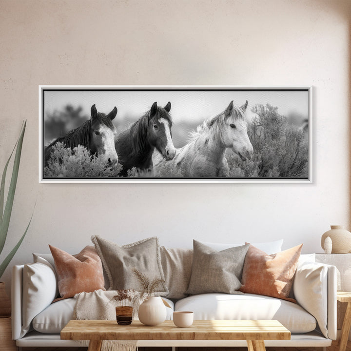 Black and White Wild Horse Portrait Framed Canvas Print, Black and White Art, Gallery Decor, Living Room Decor, Monochrome, BAW-3x1-69