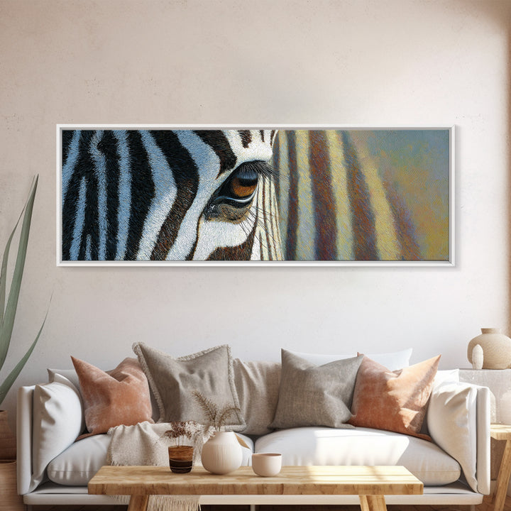 Zebra Stripe Closeup as Graphic Abstraction Framed Canvas Print, Black and White Art, Art, Living Room Decor, Monochrome, BAW-3x1-72