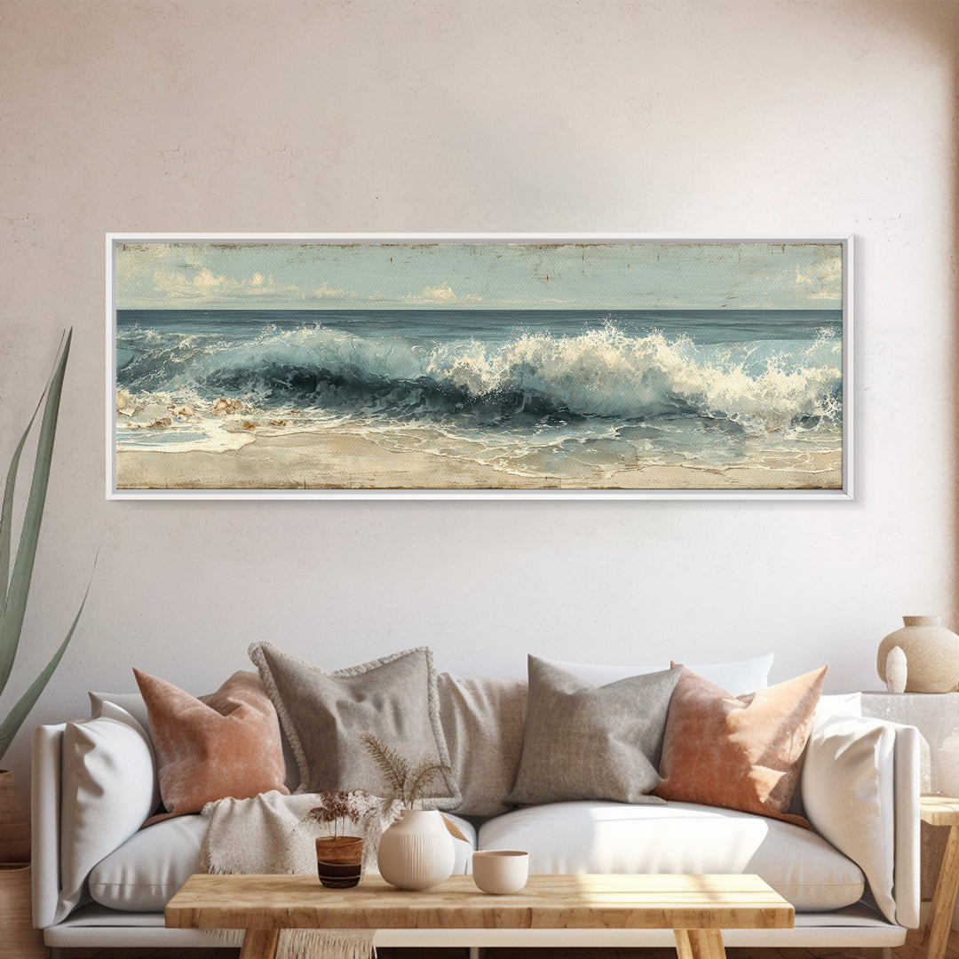 Stormy Ocean Wave Framed Canvas Print, Black and White Art, Modern Wall Art, Living Room Decor, Fine Art, Monochrome, BAW-3x1-74