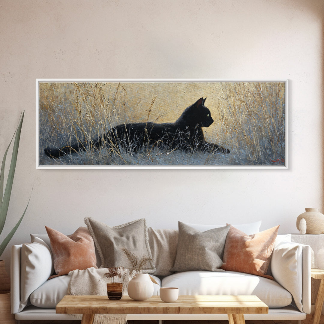 Black Cat Silhouette Canvas Print, Black and White Art, Digital Prints, Living Room Decor, Fine Art, Monochrome, Wood Wall Art, BAW-3x1-80