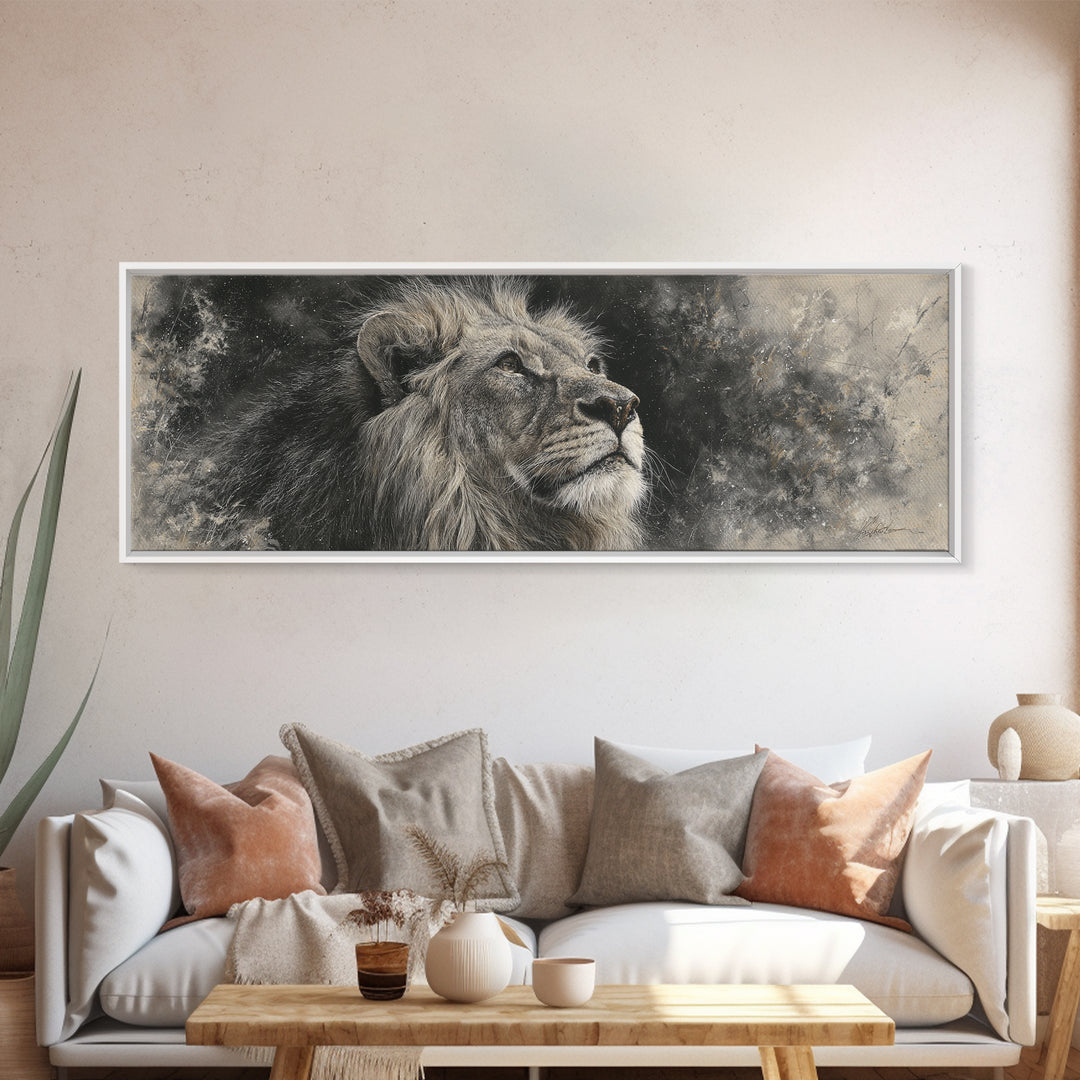 Dramatic Black and White Lion Portrait Framed Canvas Print, Black and White Art, Cabin Decor, Living Room Decor, Monochrome, BAW-3x1-81