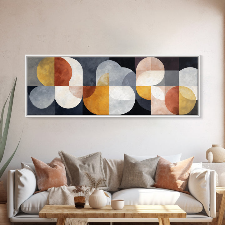 Geometric Bauhaus Grayscale Shapes Framed Canvas Print, Black and White Art, Apartment Decor, Living Room Decor, Monochrome, BAW-3x1-82