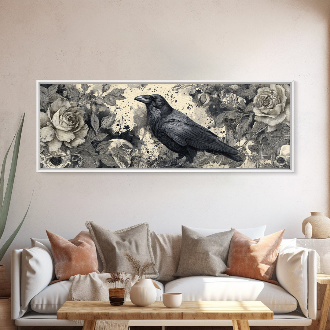 Ink Splatter Raven Composition Framed Canvas Print, Black and White Art, Halloween Decor, Living Room Decor, Monochrome, BAW-3x1-84