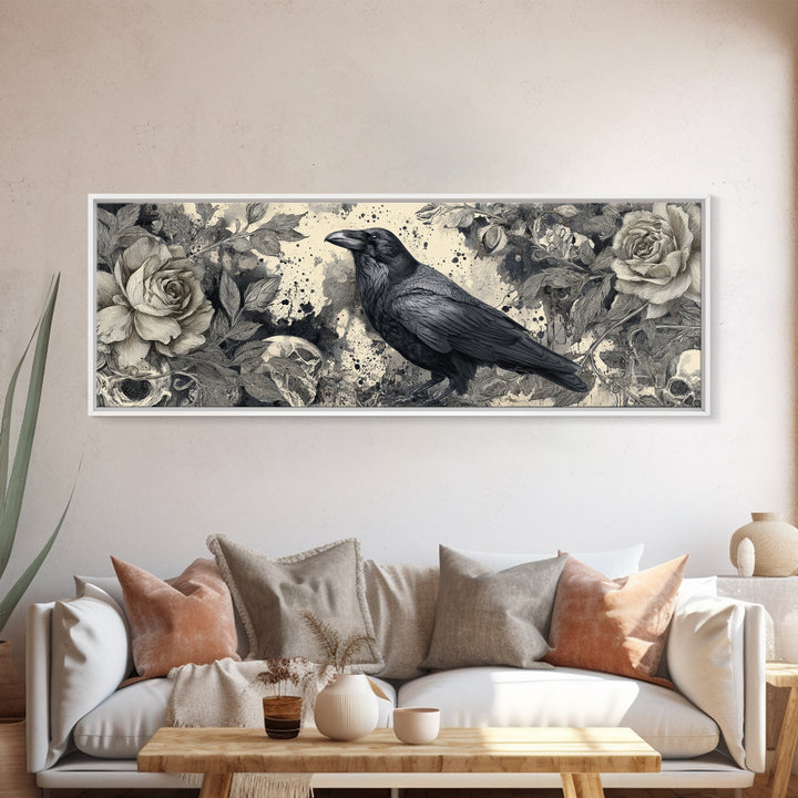 Ink Splatter Raven Composition Framed Canvas Print, Black and White Art, Halloween Decor, Living Room Decor, Monochrome, BAW-3x1-84