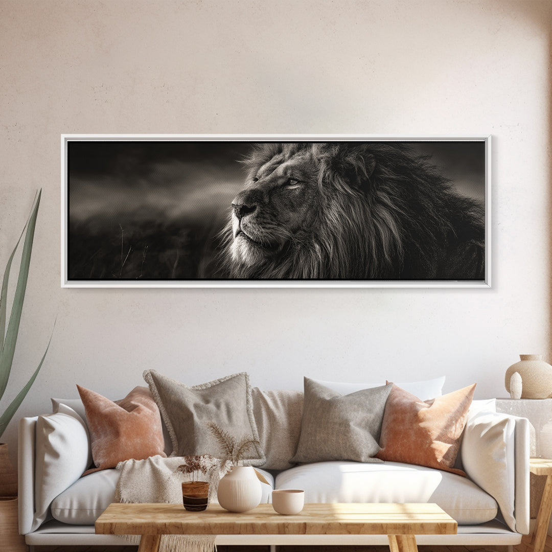 Dramatic Black and White Lion Portrait Framed Canvas Print, Black and White Art, Wood Wall Art, Living Room Decor, Monochrome, BAW-3x1-9