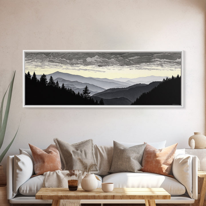 Black Ink Mountain Range Framed Canvas Print, Black and White Art, Photography Prints, Living Room Decor, Watercolor Art, BAW-3x1-90