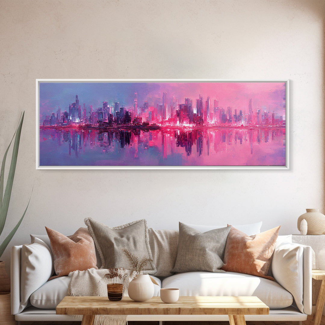 Monochrome City Skyline Reflected Framed Canvas Print, Black and White Art, Art Print, Living Room Decor, Fine Art, Monochrome, BAW-3x1-99
