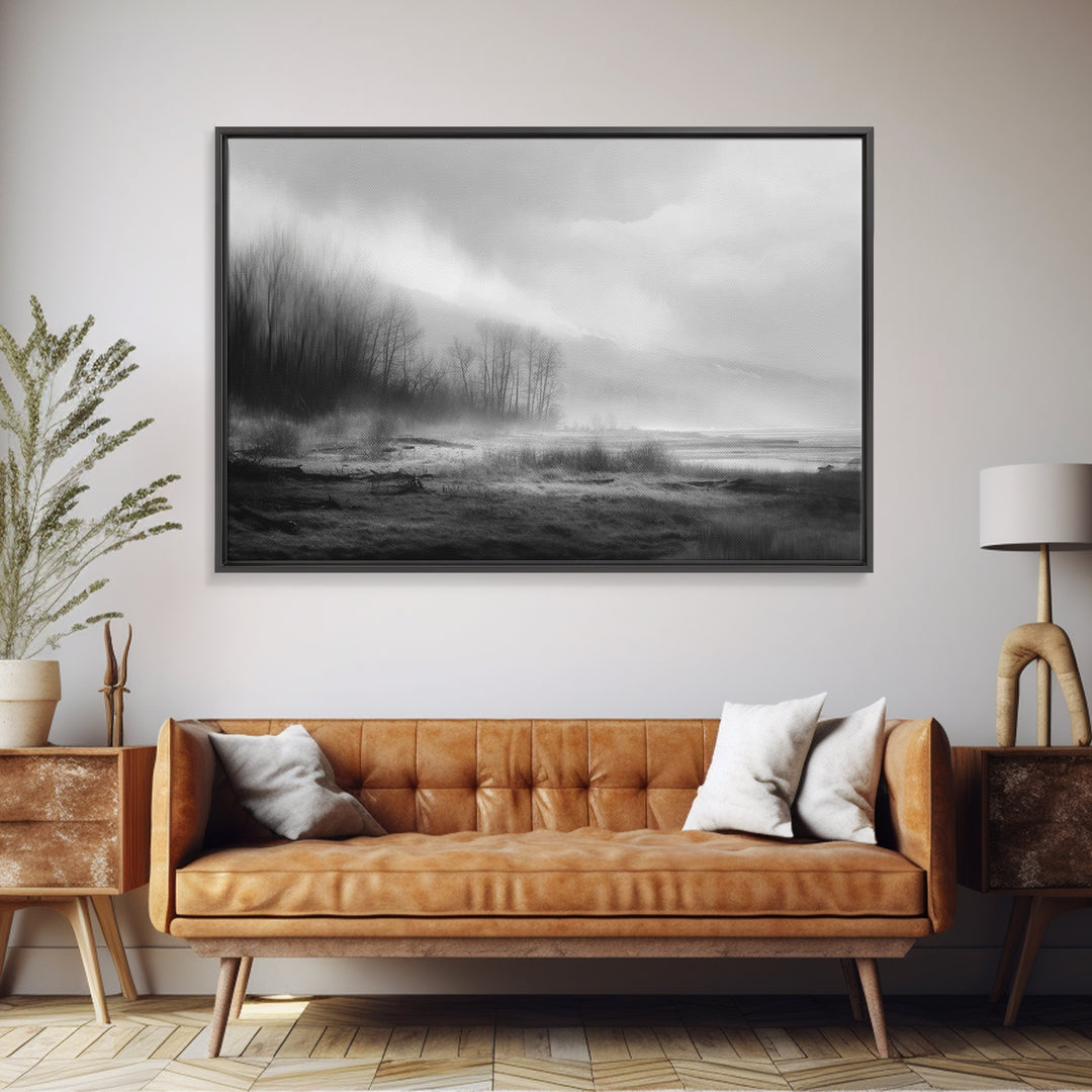 Moody Foggy Forest Canvas Print, Black and White Art, Modern Decor, Living Room Decor, Fine Art, Monochrome, Wall Decor, BAW-3x2-11