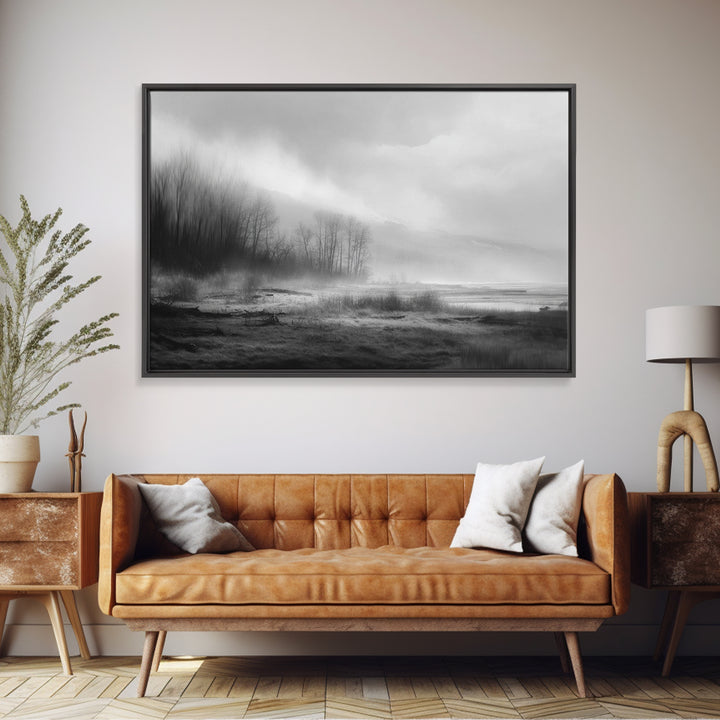 Moody Foggy Forest Canvas Print, Black and White Art, Modern Decor, Living Room Decor, Fine Art, Monochrome, Wall Decor, BAW-3x2-11