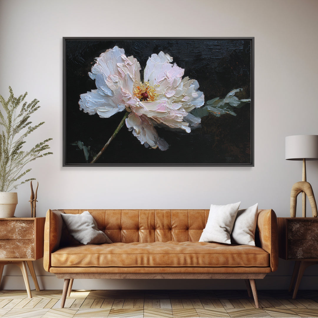 White Flower on Deep Black Background Canvas Print, Black and White Art, Living Room Wall Art, Living Room Decor, Monochrome, BAW-3x2-16