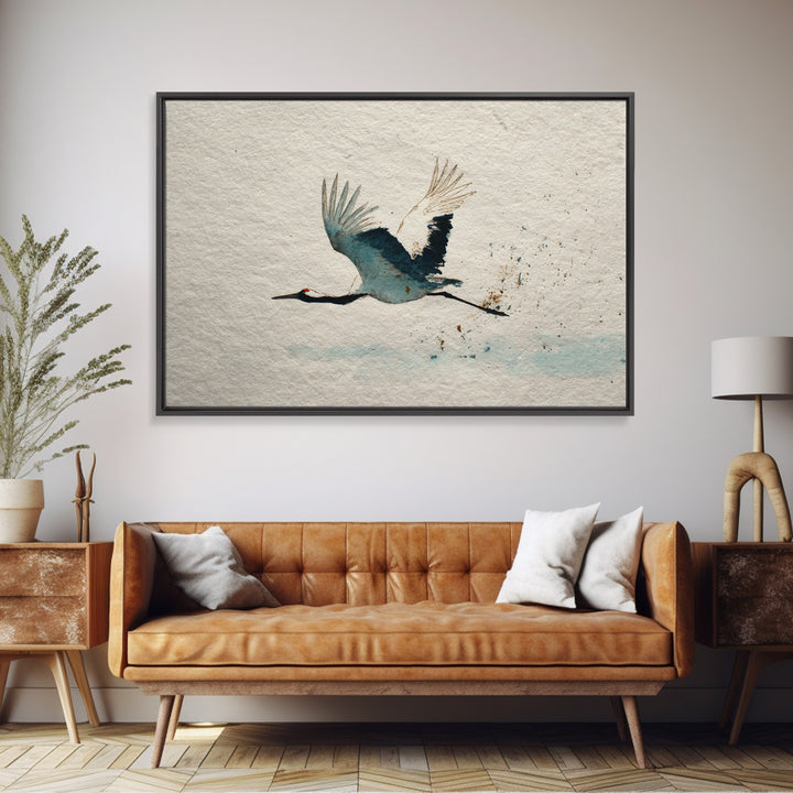 Black Ink Crane Flying Across Empty Sky Canvas Print, Black and White Art, Retro Wall Art, Living Room Decor, Monochrome, BAW-3x2-17