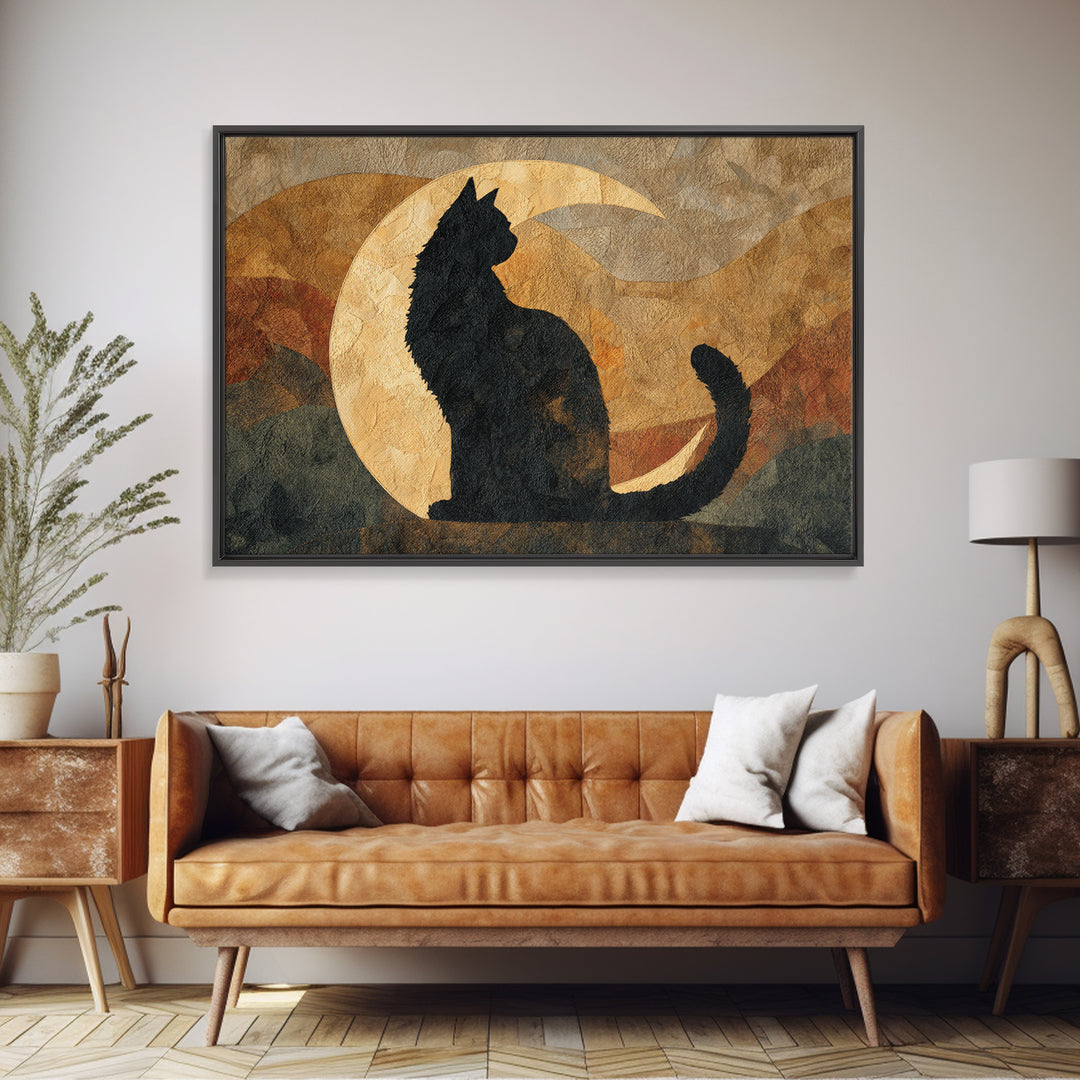 Black Cat Silhouette Framed Canvas Print, Black and White Art, Retro Wall Art, Living Room Decor, Fine Art, Monochrome, BAW-3x2-20