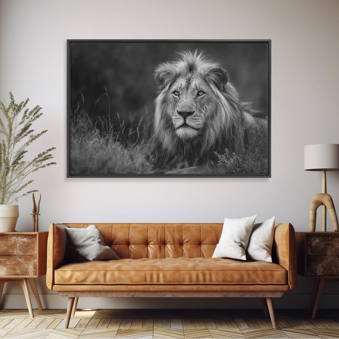 Dramatic Black and White Lion Portrait Canvas Print, Black and White Art, Photography Prints, Living Room Decor, Monochrome, BAW-3x2-21