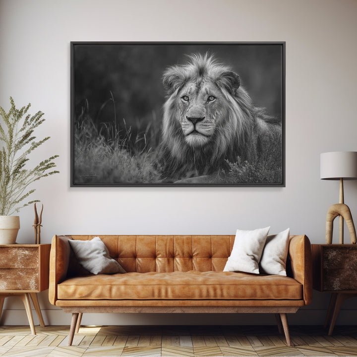 Dramatic Black and White Lion Portrait Canvas Print, Black and White Art, Photography Prints, Living Room Decor, Monochrome, BAW-3x2-21