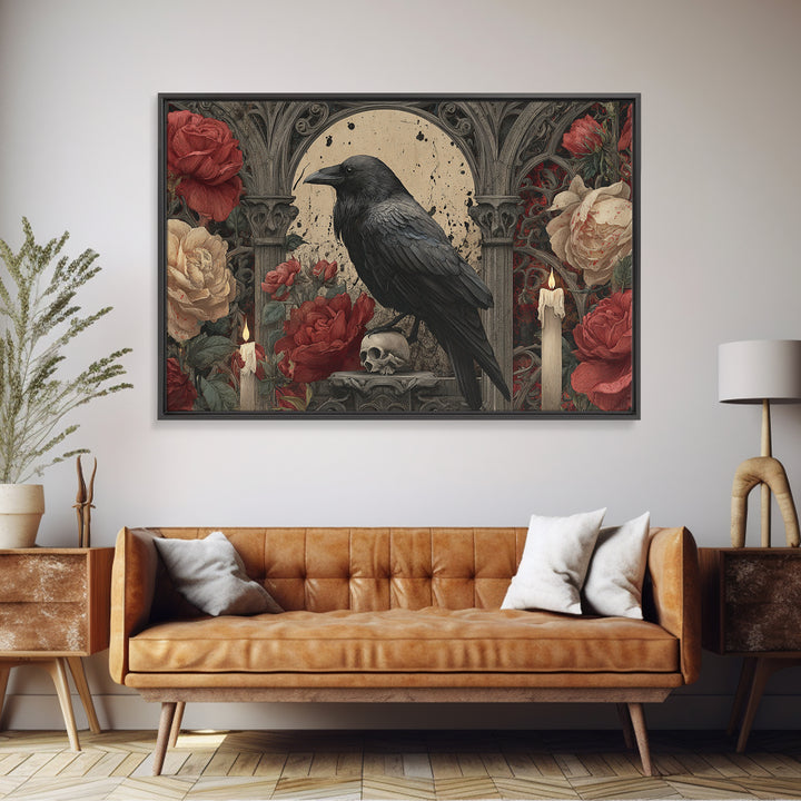 Ink Splatter Raven Composition Framed Canvas Print, Black and White Art, Photography Prints, Living Room Decor, Monochrome, BAW-3x2-24