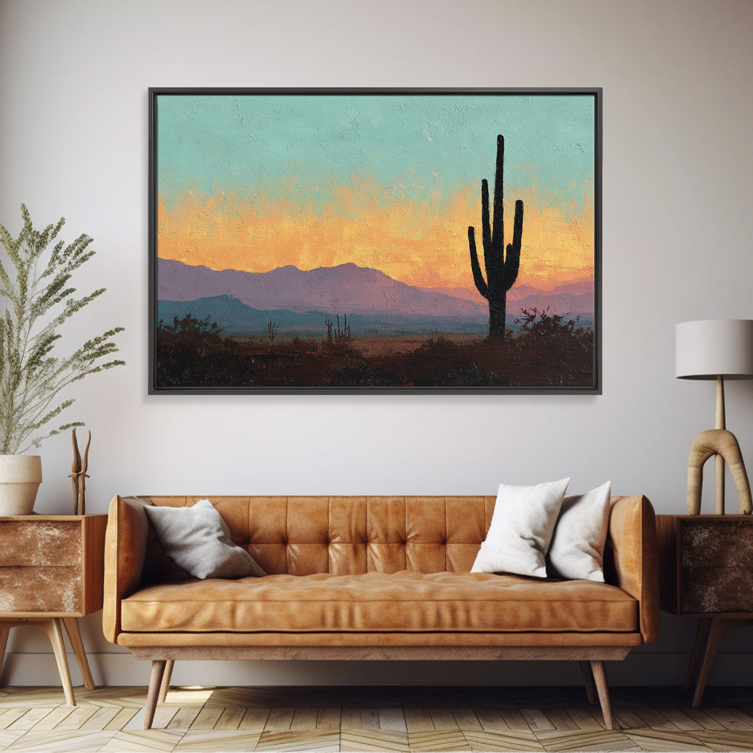 Monochrome Desert Cactus Silhouette Framed Canvas Print, Black and White Art, Set of 3 Prints, Living Room Decor, Monochrome, BAW-3x2-25