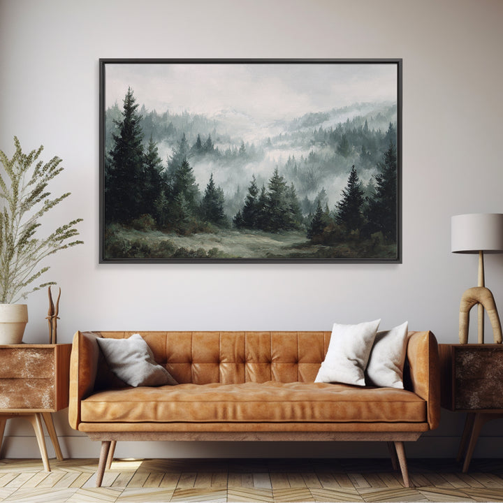Moody Foggy Forest Framed Canvas Print, Black and White Art, Room Decor, Living Room Decor, Fine Art, Monochrome, Art Print, BAW-3x2-35