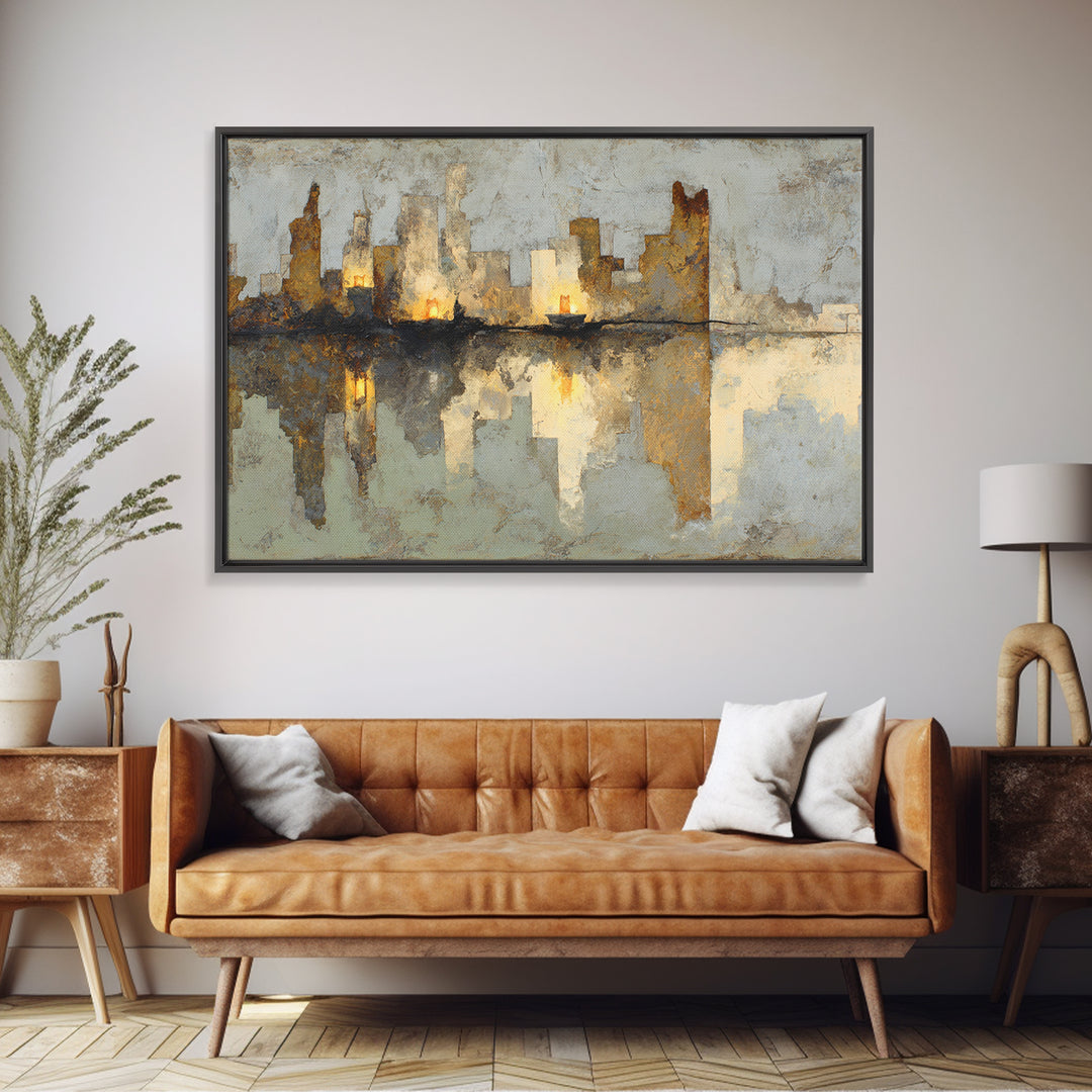 Monochrome City Skyline Reflected Canvas Print, Black and White Art, Contemporary Art, Living Room Decor, Monochrome, BAW-3x2-39
