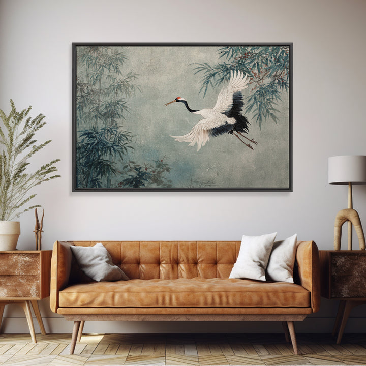 Black Ink Crane Flying Across Empty Sky Canvas Print, Black and White Art, Photo Prints, Living Room Decor, Monochrome, BAW-3x2-41