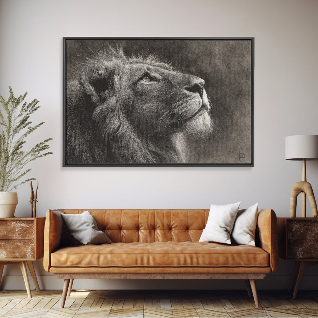 Dramatic Black and White Lion Portrait Framed Canvas Print, Black and White Art, Gallery Decor, Living Room Decor, Monochrome, BAW-3x2-45