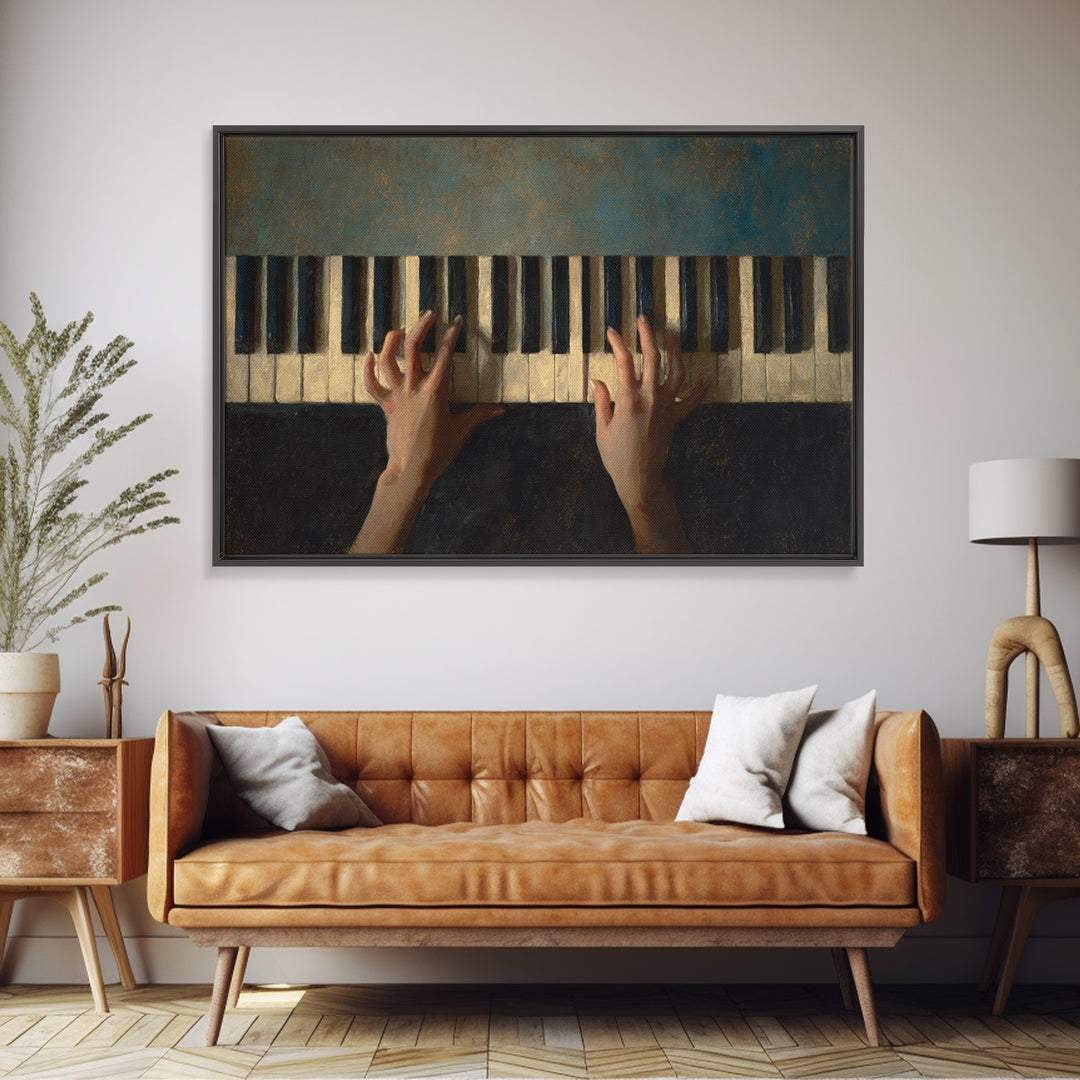 Piano Keys and Hands Framed Canvas Print, Black and White Art, Modern Wall Art, Living Room Decor, Oil Painting, Monochrome, BAW-3x2-50