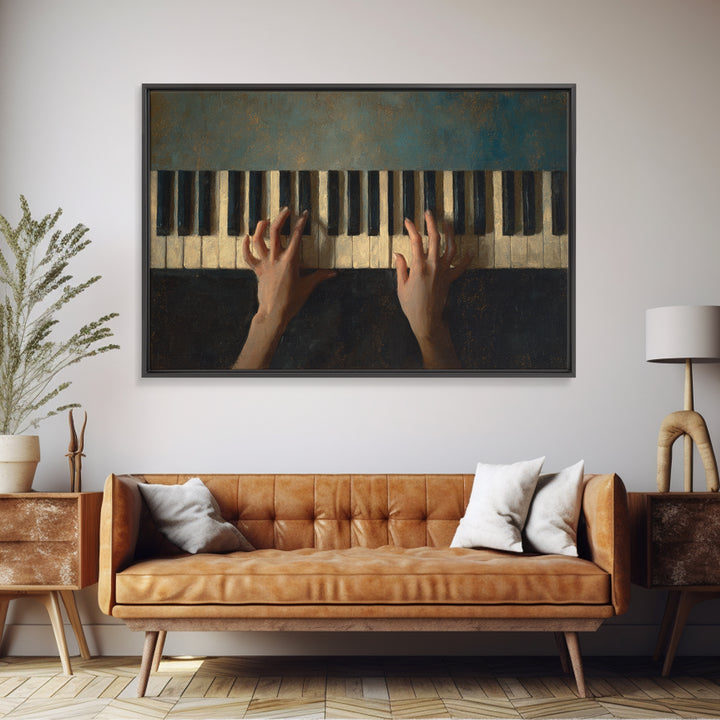 Piano Keys and Hands Framed Canvas Print, Black and White Art, Modern Wall Art, Living Room Decor, Oil Painting, Monochrome, BAW-3x2-50