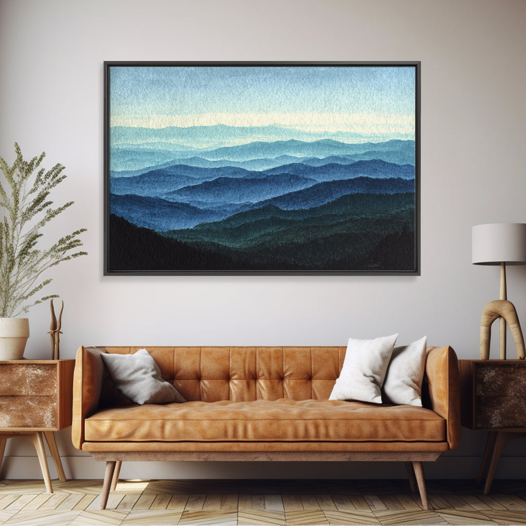 Black Ink Mountain Range Framed Canvas Print, Black and White Art, Wood Wall Art, Living Room Decor, Fine Art, Monochrome, BAW-3x2-6